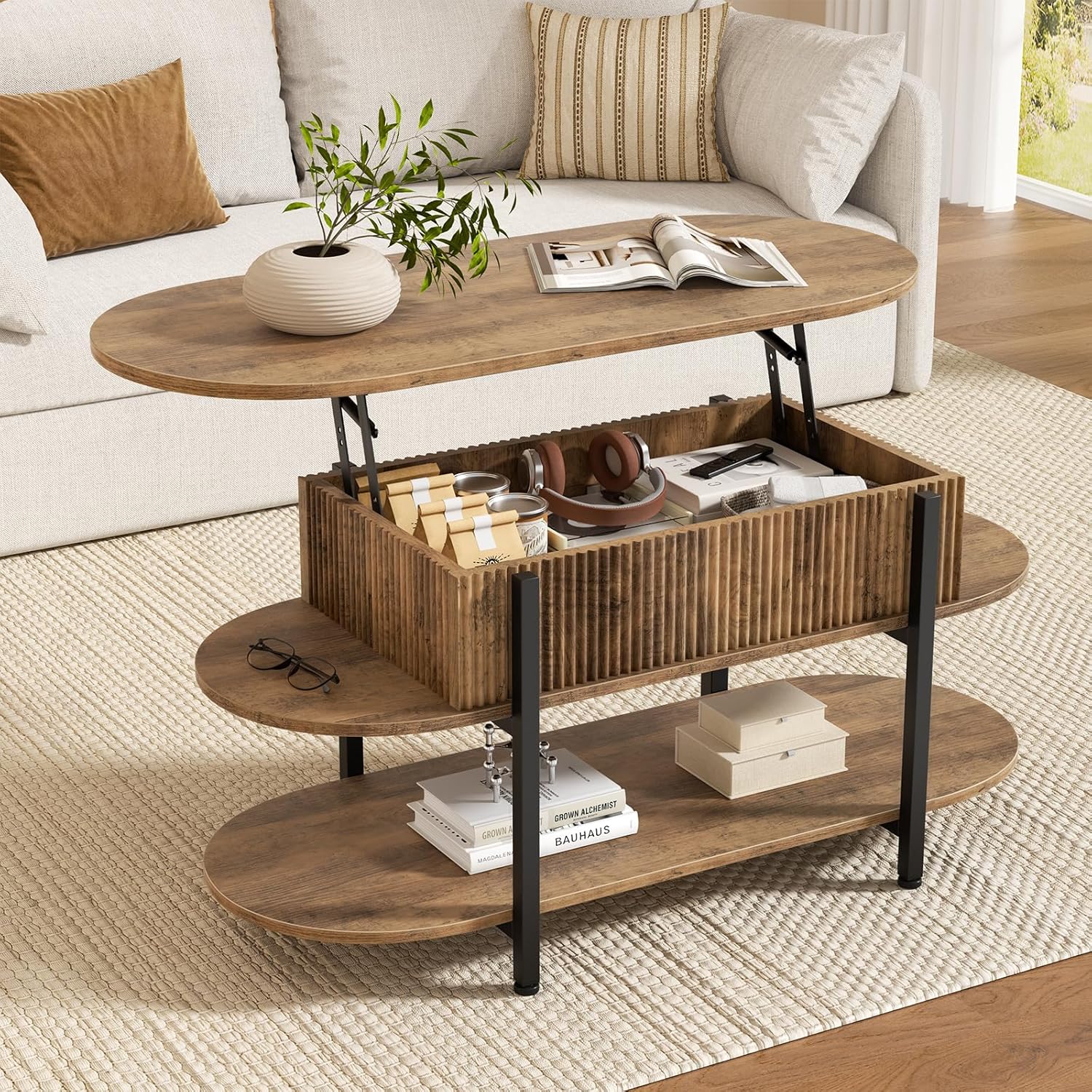 FABATO 41.7 Oval Lift Top Coffee Table, Fluted Wood Center Table with Hidden Storage, 3 Tier Small Tables with Curved Edge, Modern Narrow Coffee Table for Living Room Reception Room, Vintage Oak