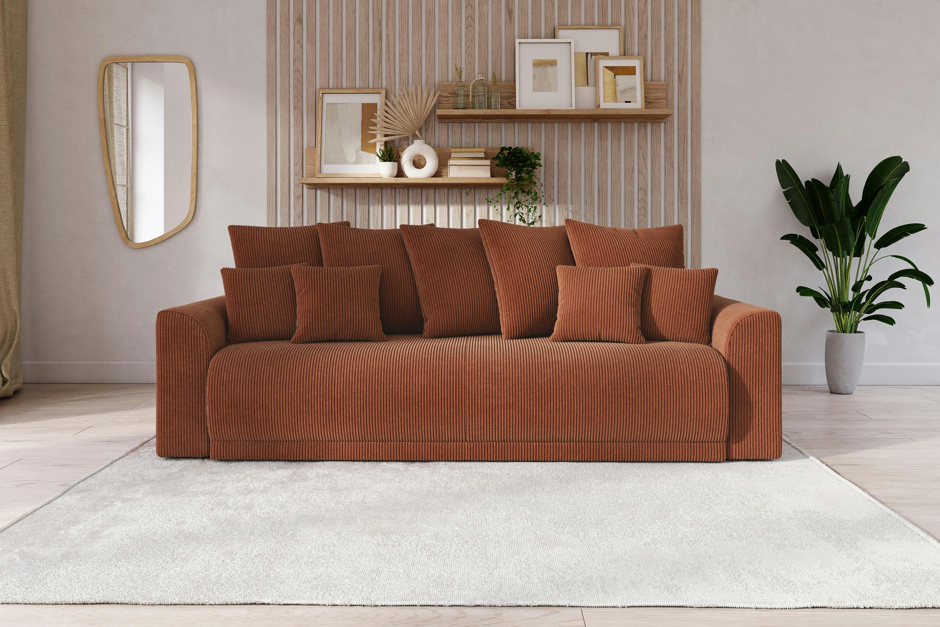 NOVA - Canapé droit convertible en velours côtelé 3 places terracotta