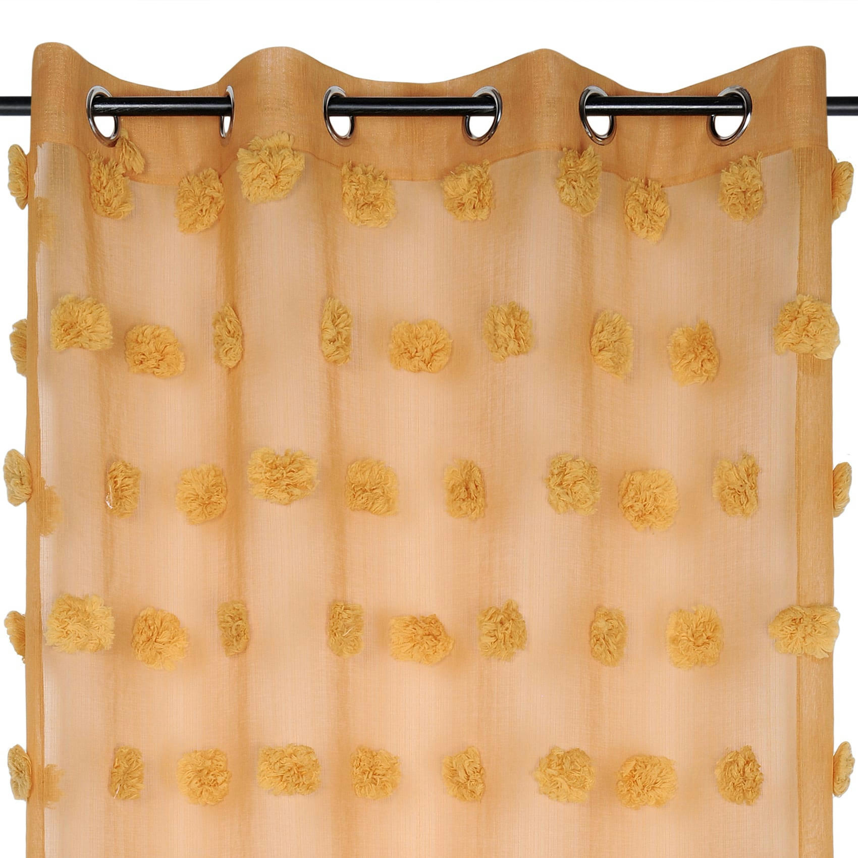 - Voilage fantaisie à pompons polyester jaune moutarde 140x260 cm