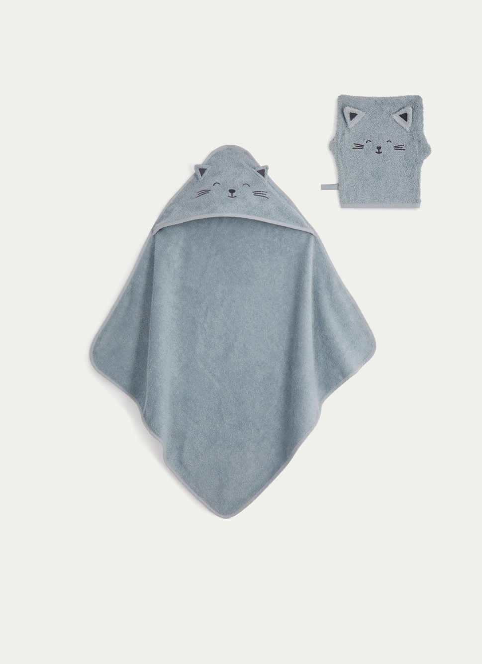 CAPE DE BAIN ET GANT DE TOILETTE EN ÉPONGE CHATON BLEU