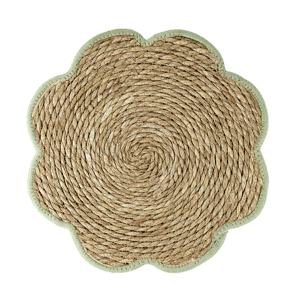 Set de table jonc de mer tressé et coton forme fleur contour vert Ø38cm