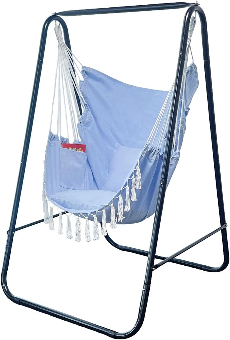 Hammock Chair with Stand,Heavy-Duty Hammock Stand with Large Indoor Swing,MAX Load 500 LBS,Hanging Chair with Stand for Indoor Outdoor,Swing Chair with 2 Cushions Included(Blue)