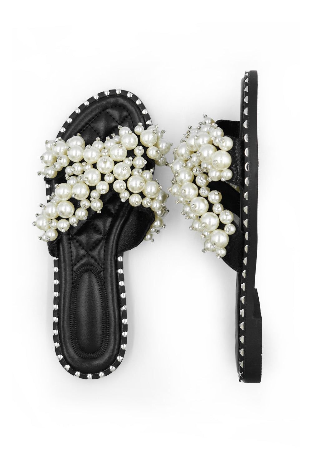 Where's That From Savena' Pearl Beaded Flat Slider Sandals With Padded Footbed