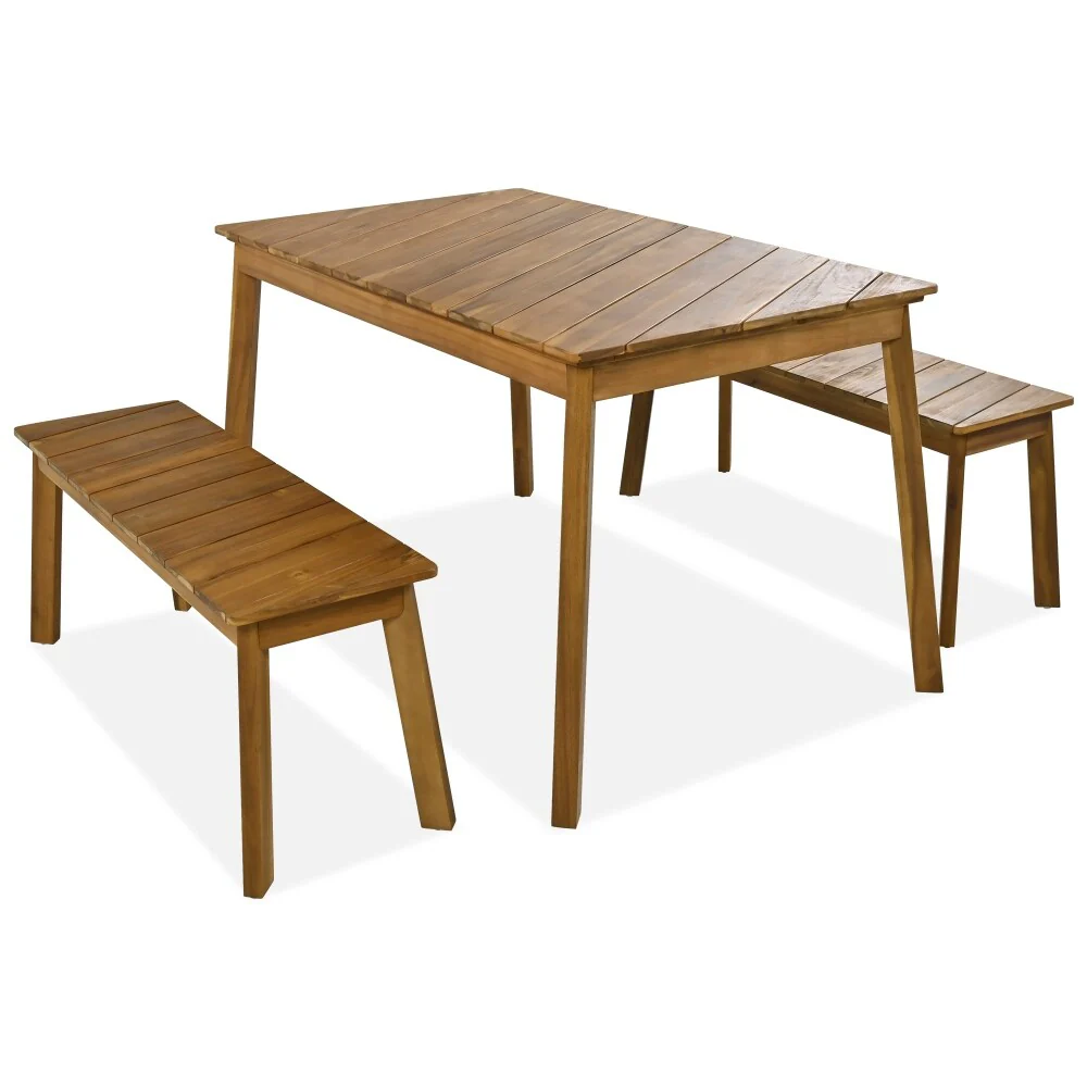 3 Pieces Acacia Wood Table Bench Dining Set for Patio, Porch, Garden, Poolside