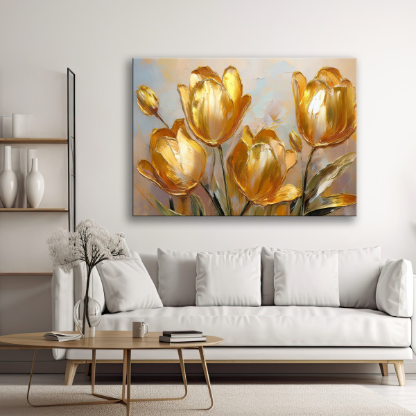 Feeby Obraz na płótnie, Złote Tulipany Kwiaty Malowane 60x40