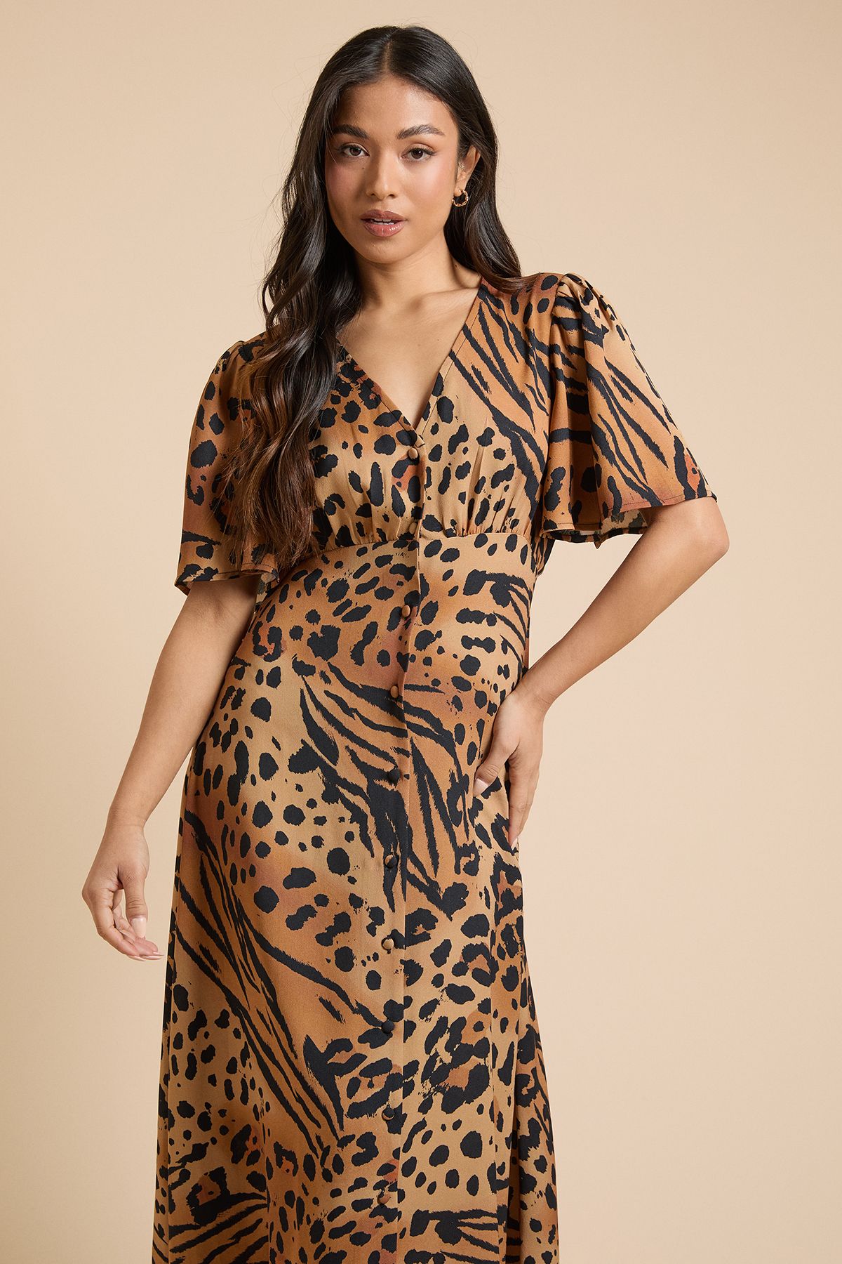 Dorothy Perkins Petite Animal Button Front Angel Sleeve Tie Back Midi Dress