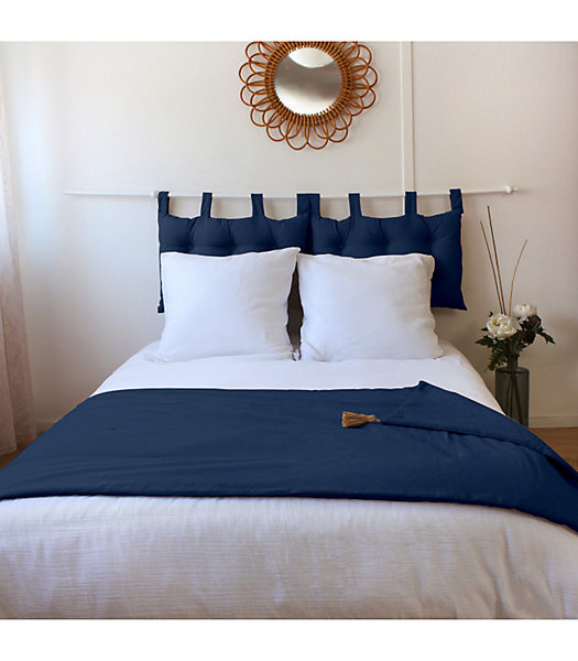 Edredon Panama avec pompons en jute (90x190 cm - Bleu Marine)
