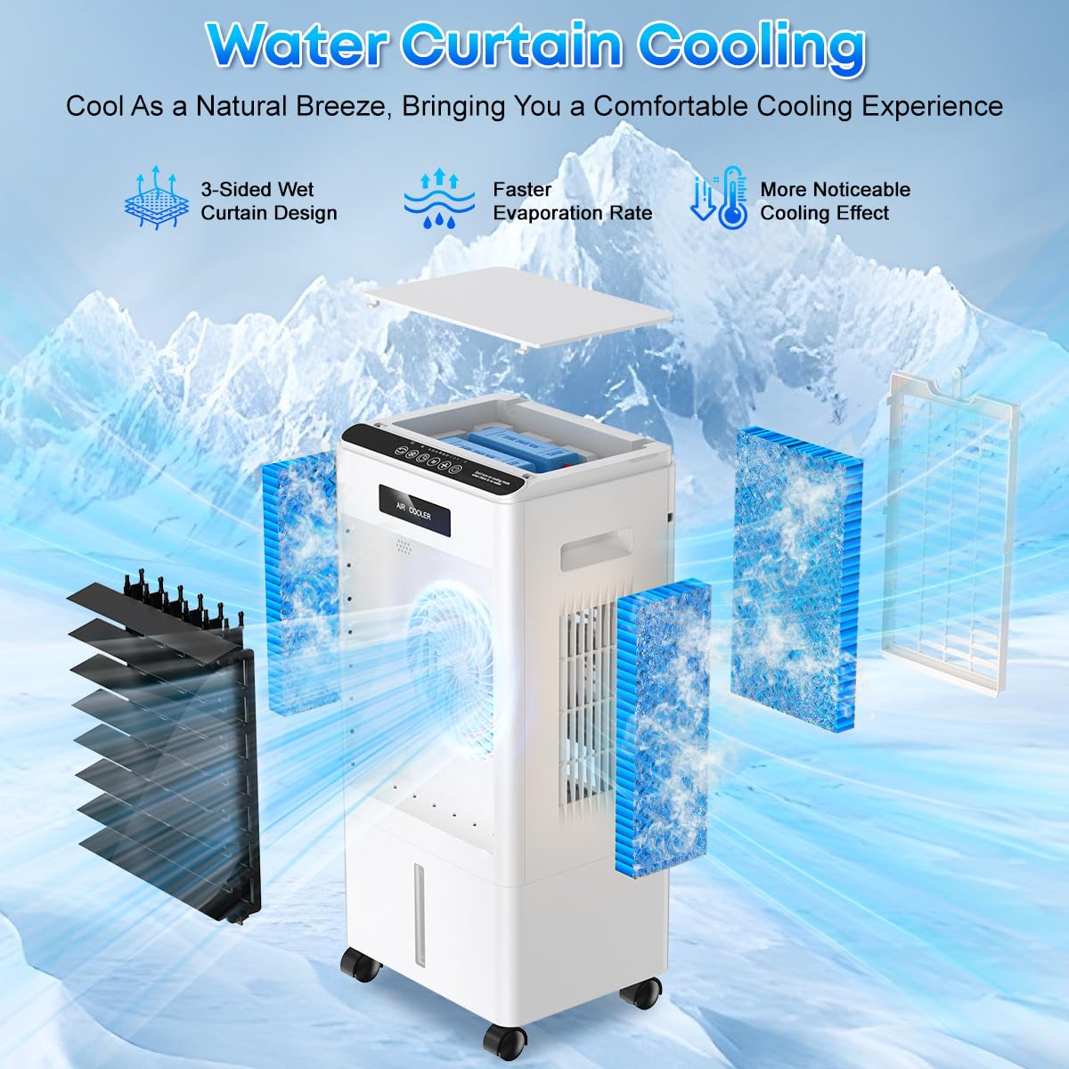 Portable Air Conditioners, 3-in-1 AC Cooling Fan 3 modes 3-Speed with Remote Control & 4 Ice Boxes, Evaporative Air Cooler with 8L Tank for 20H Cooling, for Home, Bedroom, Kitchen, Living Room (Black)