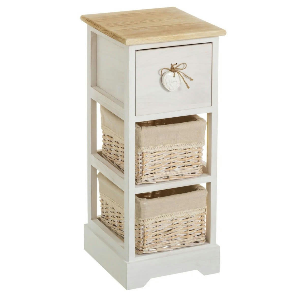 CHARME - Table de chevet étroite bois 1 tiroir + 2 paniers