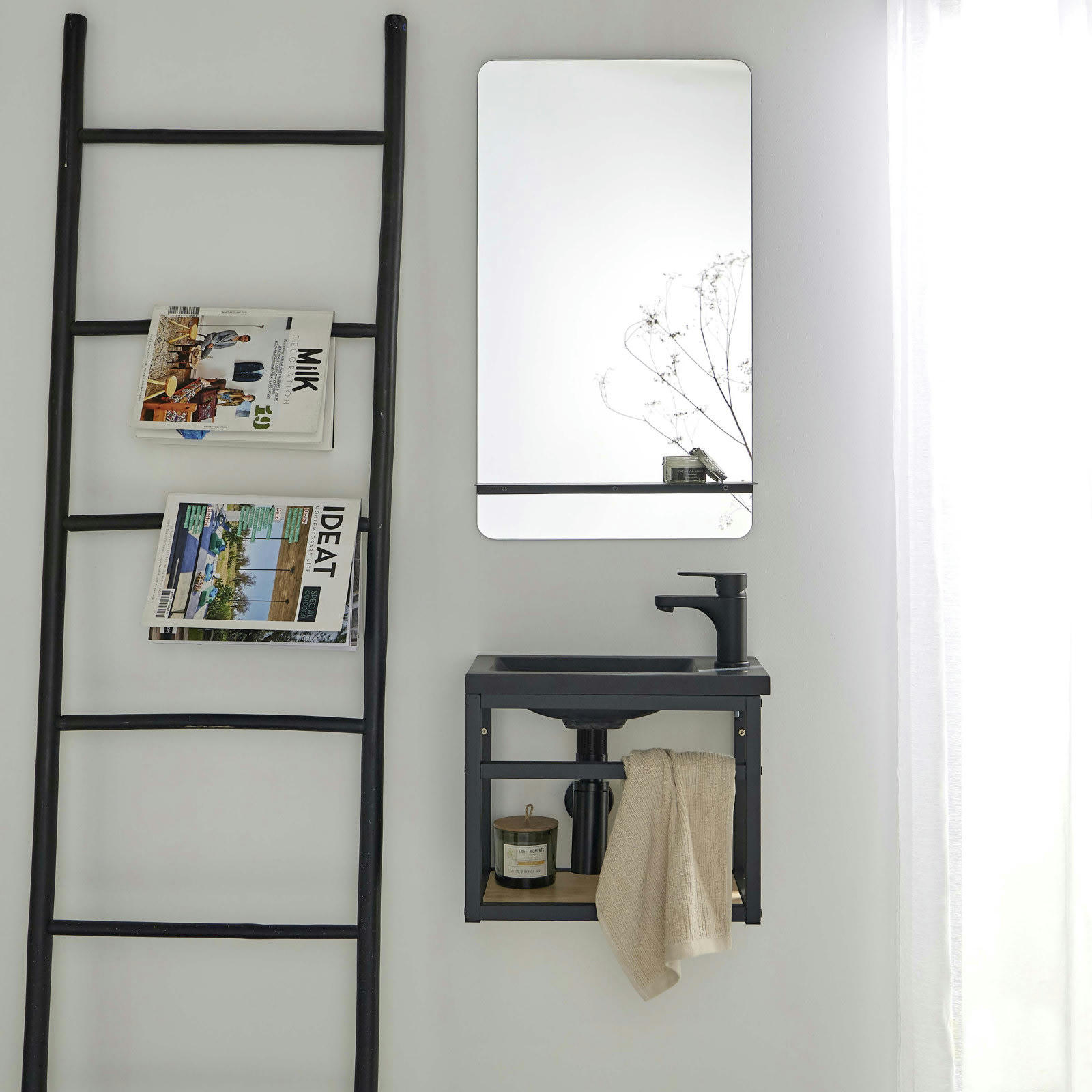 SAO - Meuble lave-mains  + robinet noir + miroir