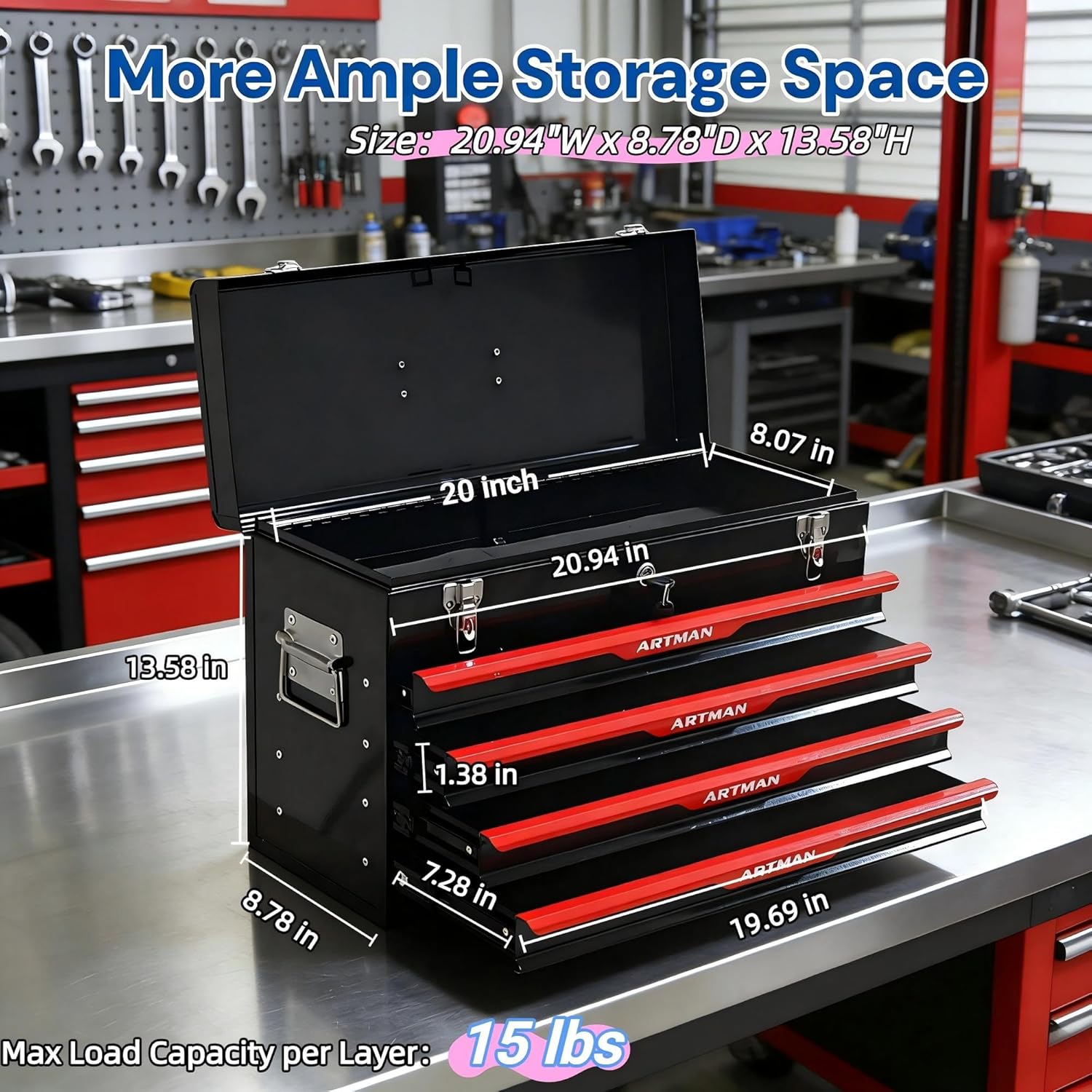 4 Drawers Tool Box, 21 Portable Steel Tool Chest with Top Tool Tray,Key Lock & Latch Closure,Liners,Handle,Ball Bearing Sides, Portable Tool Storage Organizer for Garage Workshop (Black)