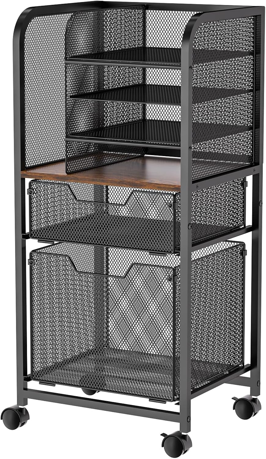 Feyejade 6-Tier Rolling File Cart with 2 Drawers, File Cabinet Organizer for Hanging File Folders, Letter-Size File Storage with Wheels, Multi-Layer Mobile Filing Cabinet for Office and Home