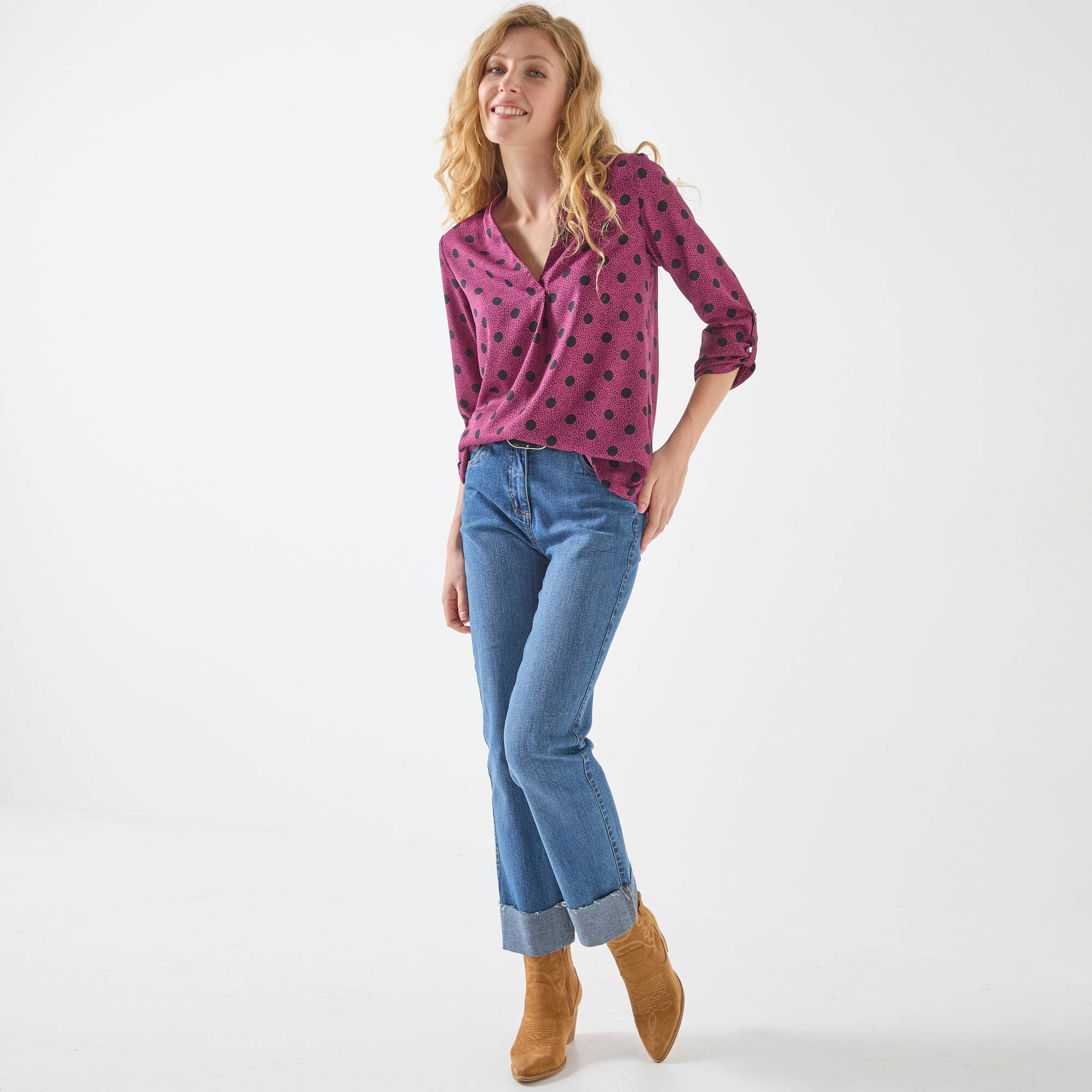 Blouse col tunisien imprimé pois, cr&ecirc;pe
