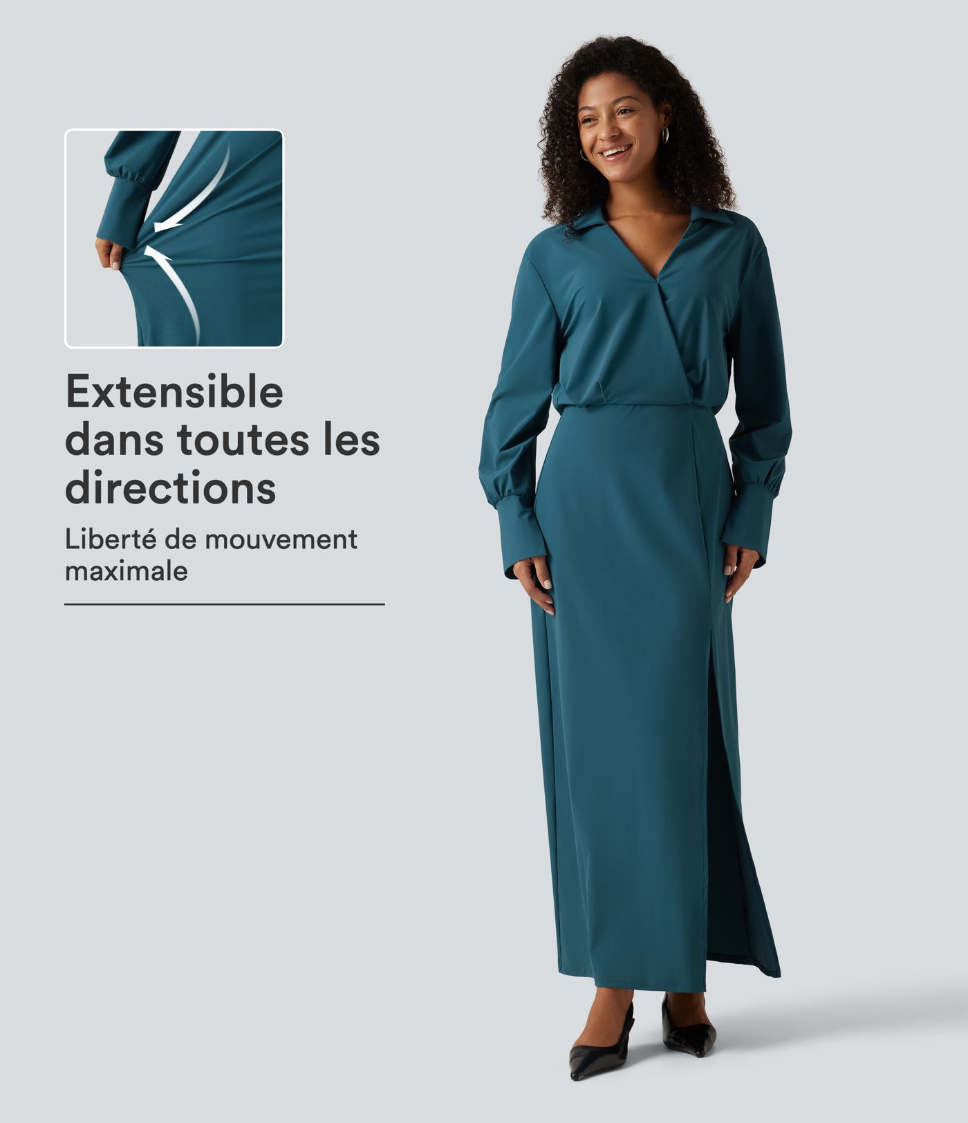Robe chemise de bureau maxi effet frais InstantCool à manches longues et ourlet fendu
