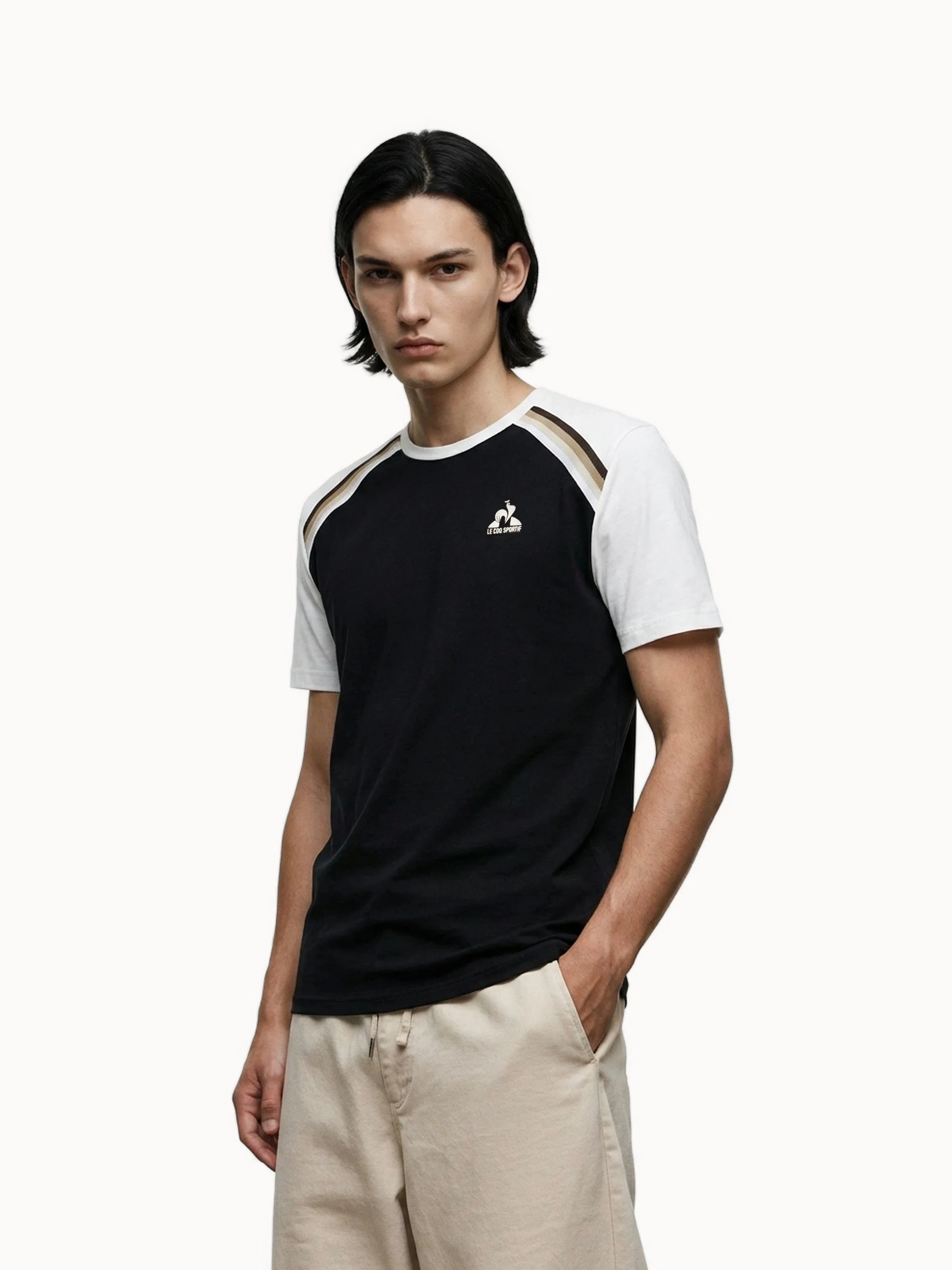 T-shirt en jersey de coton bicolore et bandes épaules tricotées