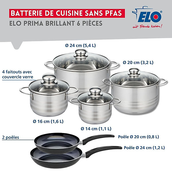 Ensemble de 2 Poêles de cuisson 20 et 24 cm et 4 faitouts 14, 16, 20 et 24 cm Elo Prima Brillant