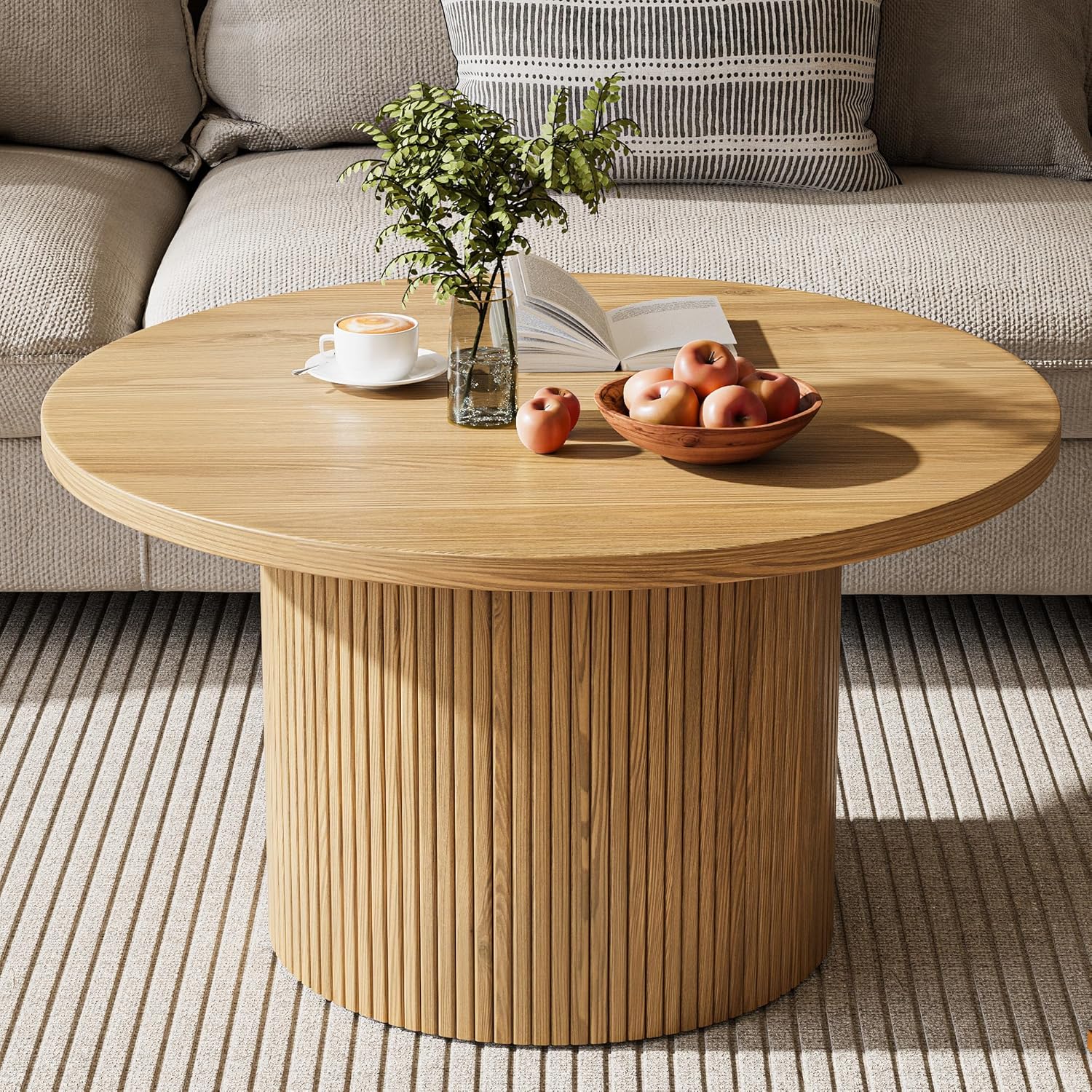 MAISONARIA Round Coffee Table with Metal Frame, 35 Coffee Tables for Living Room, Circle Wood Accent Center Table for Apartment, Oak