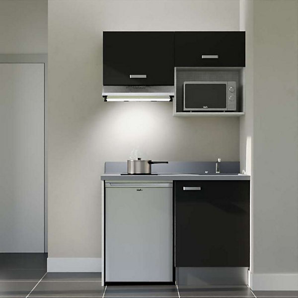 Kitchenette K02 - 120 cm - façades Noir - Plan monobloc en quartz coloris Cromo évier à droite