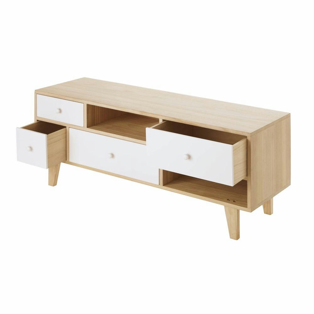 Spring - Meuble TV style scandinave 4 tiroirs en paulownia blanc