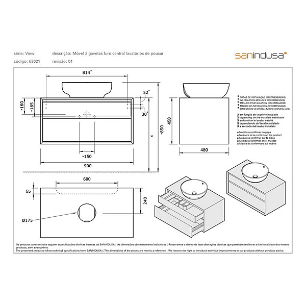 Meuble de salle de bains suspendu 2 tiroirs fermeture ralentie organiseurs SANINDUSA View 90x45 trou pour vidage blanc
