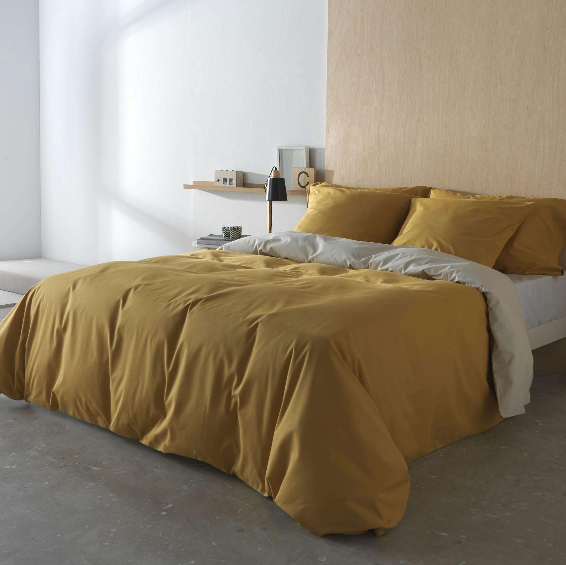 BEIGE LINO/OCRE - Housse de couette bicolore Lin/ Ocre 100% coton 200 fils 140x200 cm