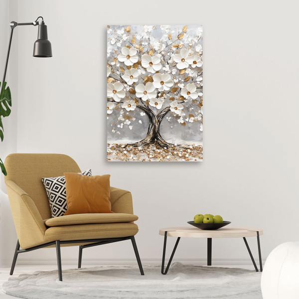 Feeby Obraz na płótnie, Drzewo Białe Kwiaty Liscie Zloty 40x60