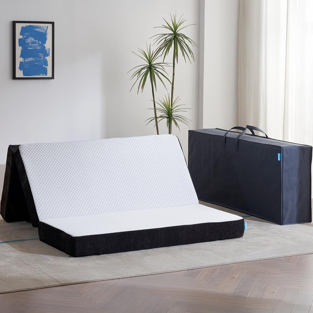 Odorless Foldable Mattress Queen Size 80 x 60 x 6, 6 Inch Folding Foam Mattress with Storage Bag, Fiberglass Free Trifold Memory Foam Mattress for RV, Guest Bed