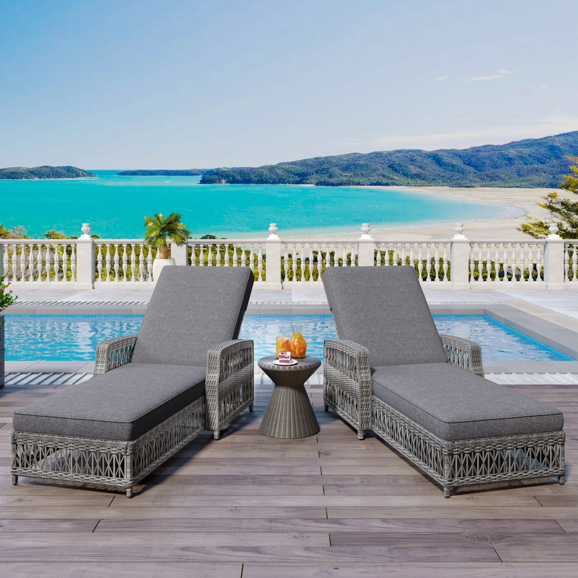 2 Pieces Outdoor Wicker Long Reclining Chaise with Soft Removable Cushions and Armrests