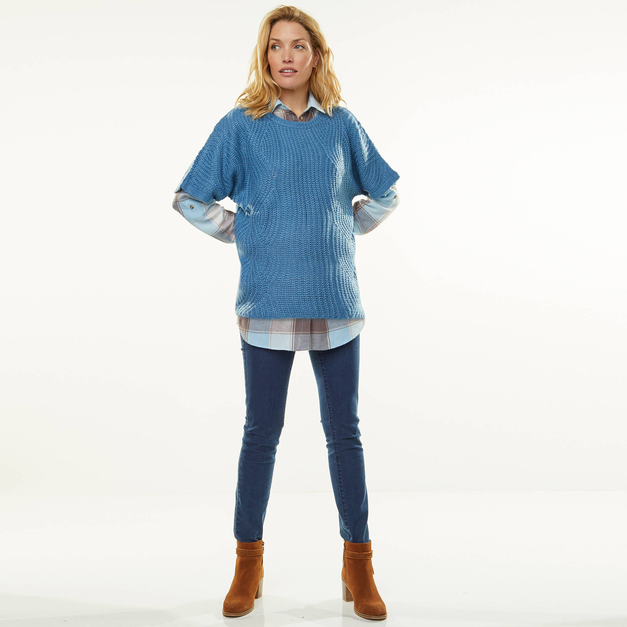 Pull poncho manches coudes, maille anglaise et torsades