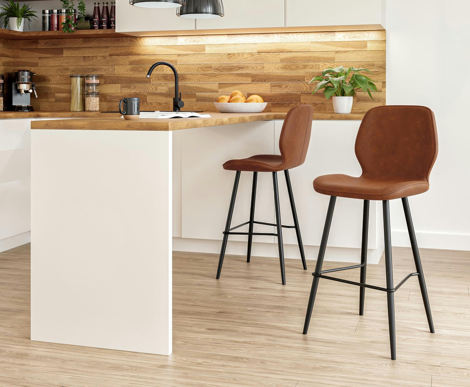 ETHAN - Lot de 2 tabourets de bar en pu cognac piètement noir