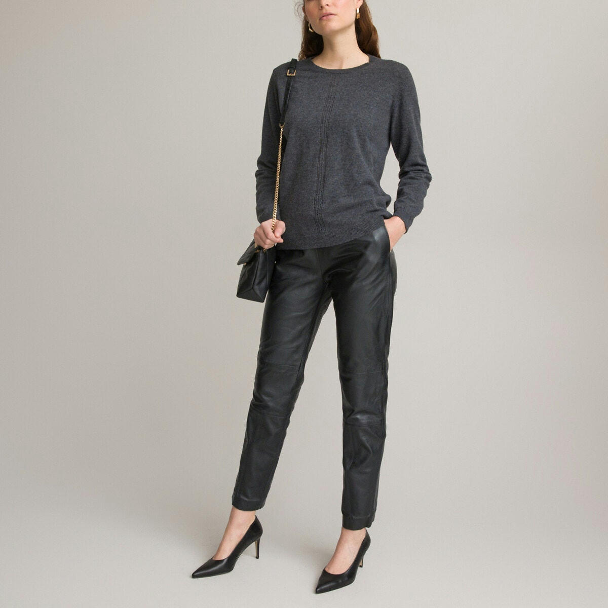 Pull col rond, en fine maille, laine mélangée