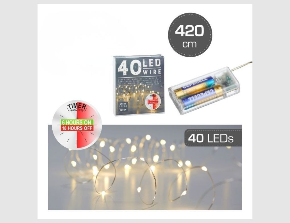 LED-Drahtlichterkette 40 LEDs warmweiß 4,20m mit Timer