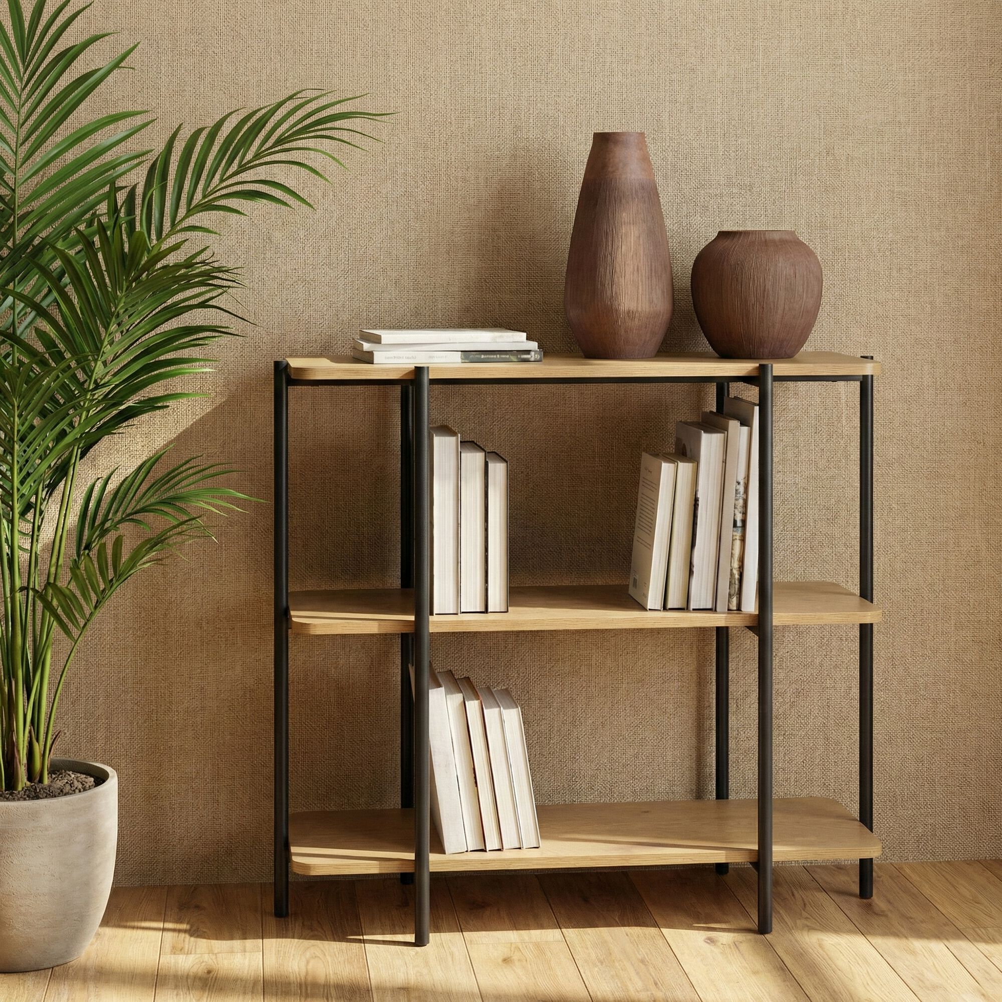 IZZY - Bibliothèque en bois et fer noir l80cm - bois clair