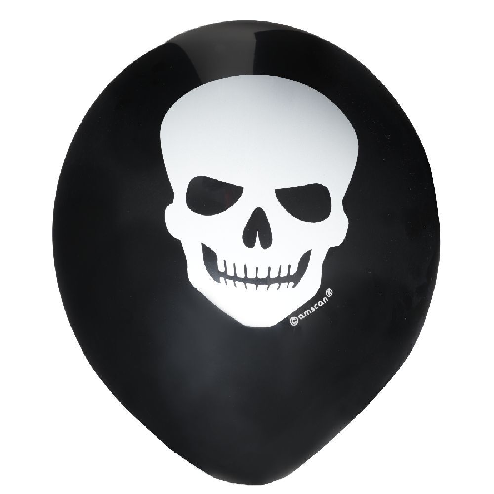 Ballon gonflable latex noir imprimé tête de mort blanc x6