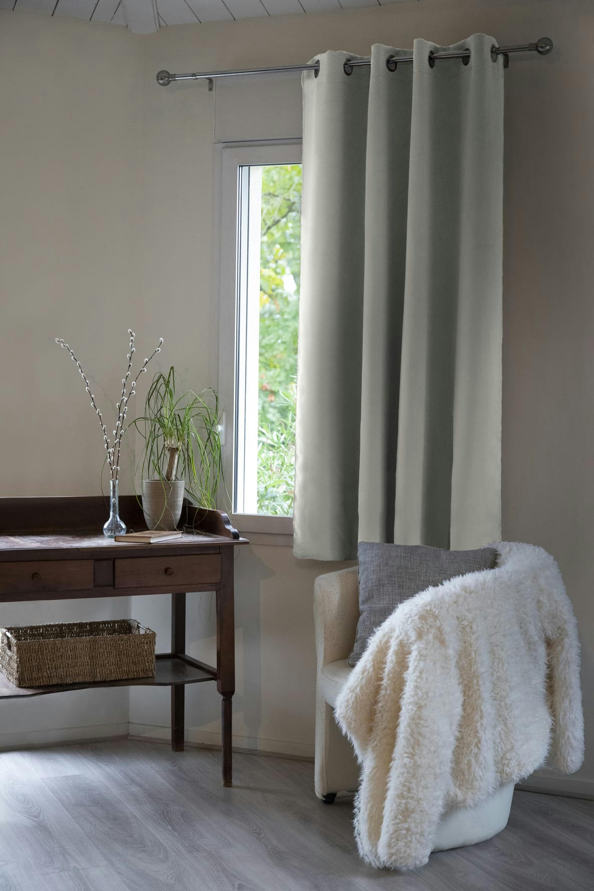 - Rideau occultant doublure polaire polyester gris 140x180 cm