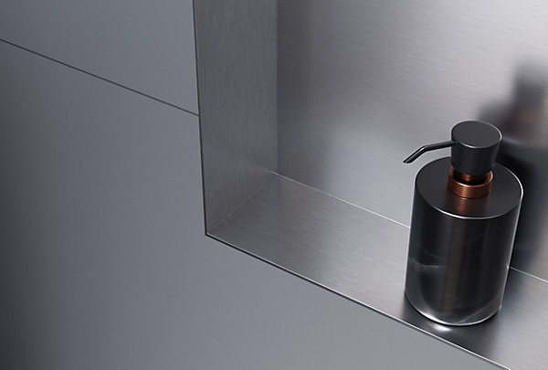 Niche murale douche acier inox   Spot LED, étagère douche encastrable NT206010X - 20x60x10cm (HxLxP) - Acier brossé, 2x Spot noir