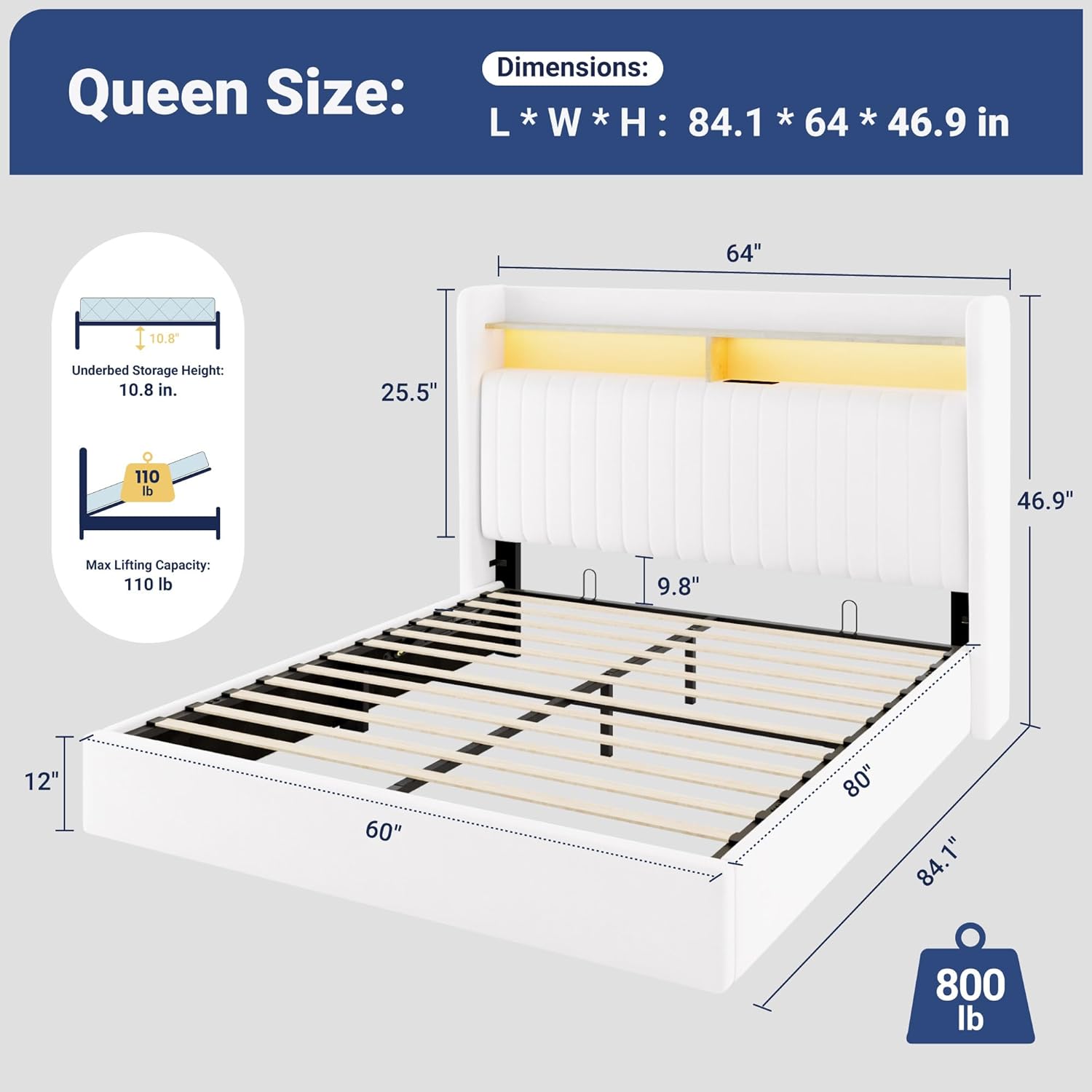 Allewie Queen Size Lift Up Hydraulic Storage Bed Frame, 2-Tier Shelf Headboard with LED Lights and Charging Station, USB and Type C Ports, Wingback Velvet Headboard, No Box Spring Needed, White