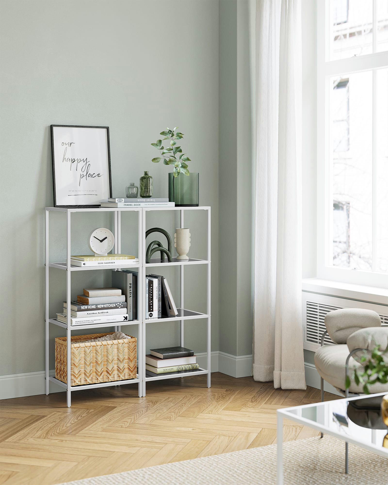 - Étagère 4 niveaux style moderne verre acier gris blanc