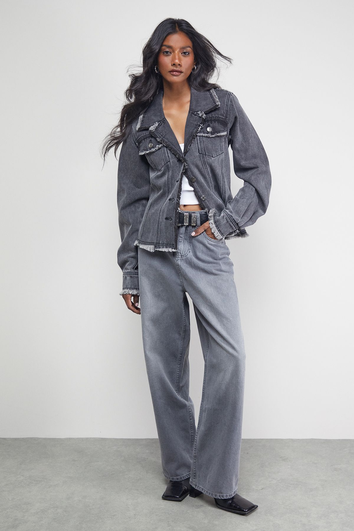 Warehouse Front Fitted Denim Jacket With Frayed Hem