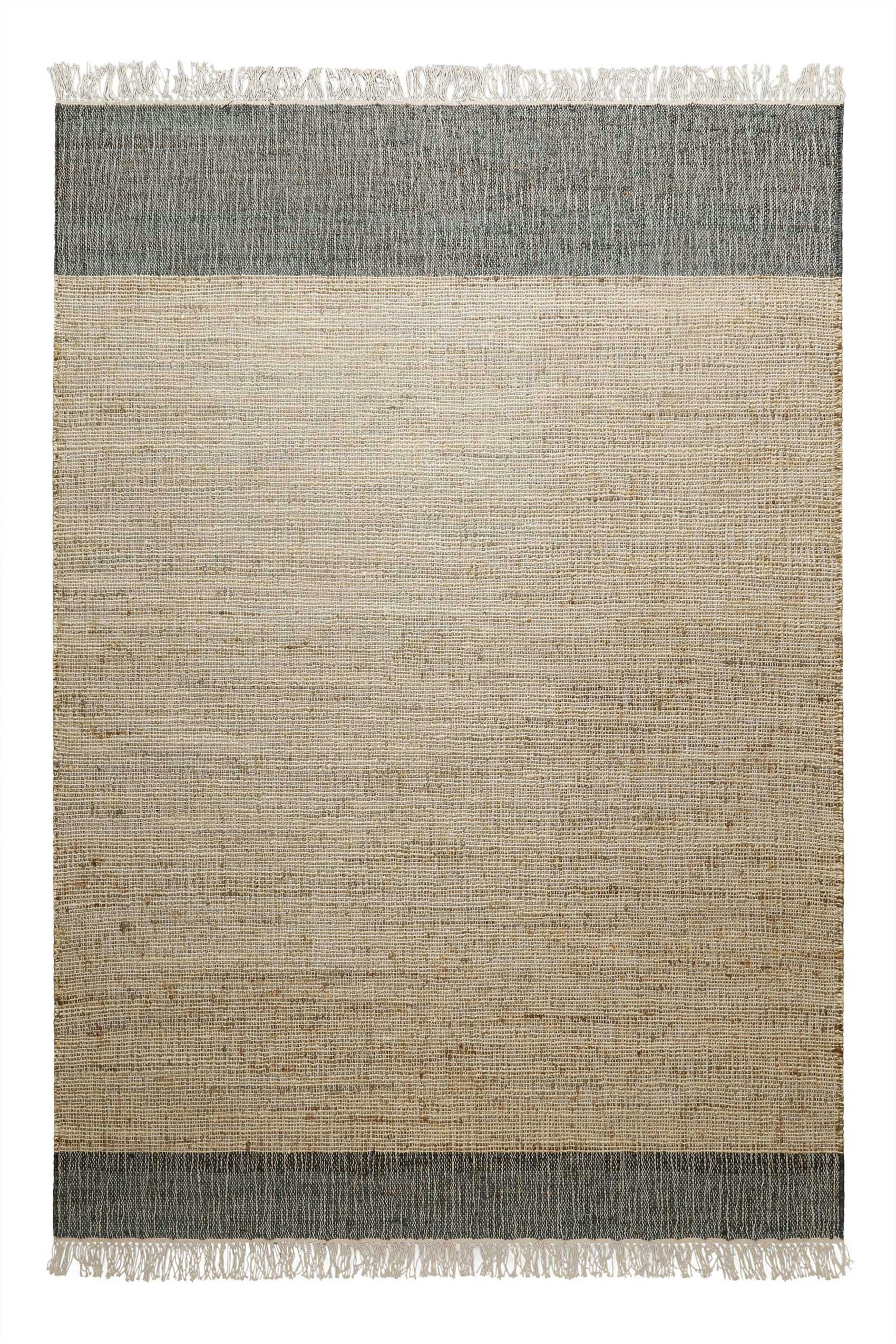 VIKTOR - Tapis plat tissé main à franges rayé anthracite et beige sable 80x150