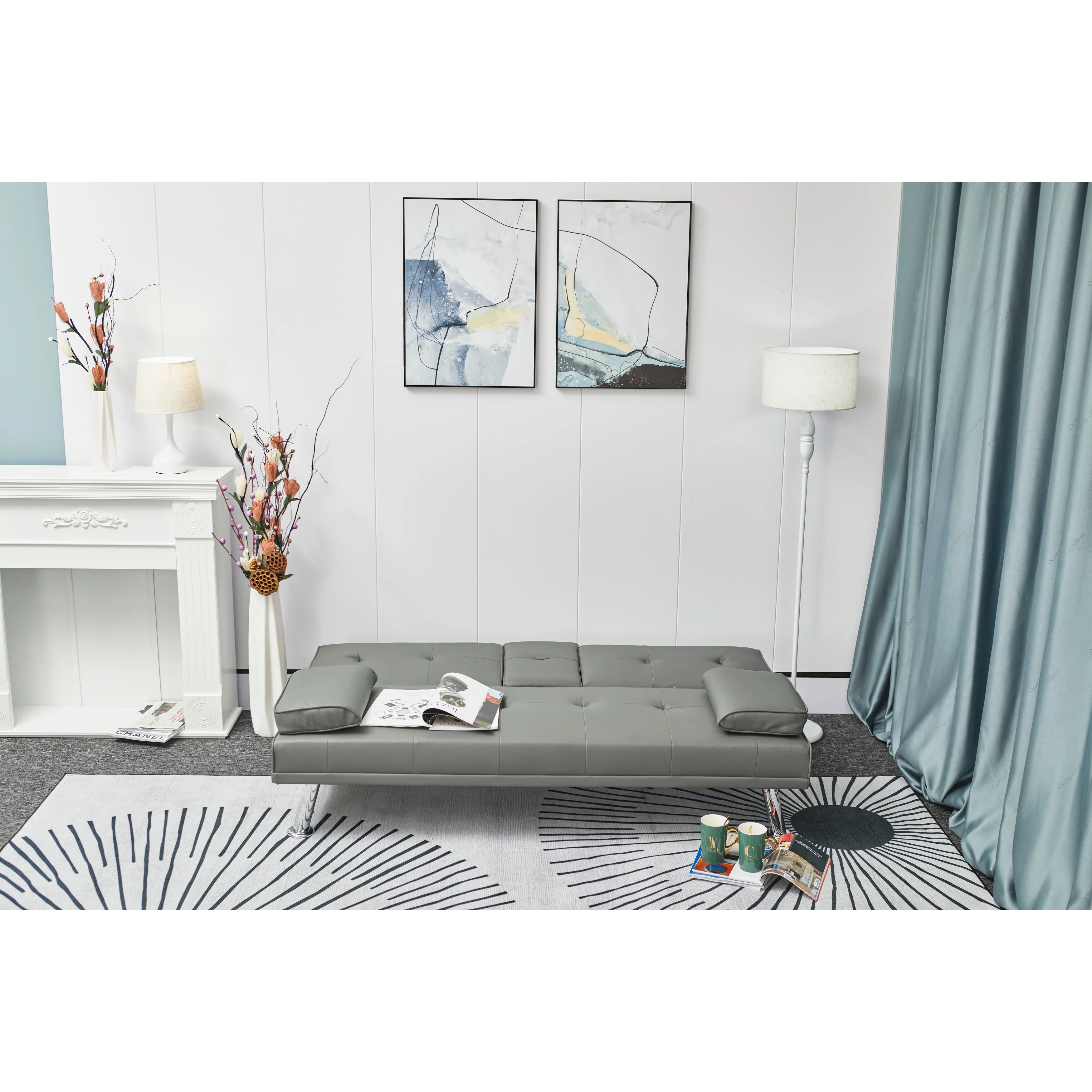 White Leather Multifunctional Pull-out Sofa Bed with Coffee Table - 31.00 x 67.00 x 33.00