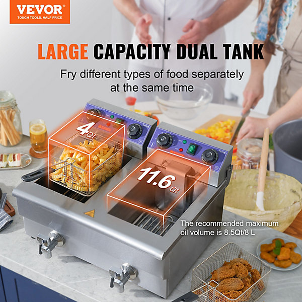 Friteuse électrique commerciale 6000W, inox, capacité 2x11L, double panier amovible, argente.