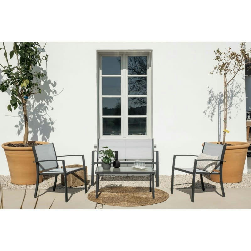CANCÚN - Salon de Jardin Cancún 4 Places Gris Rotin Textilene Kiefergarden