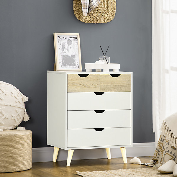 Commode design scandinave 5 tiroirs coulissants piètement bois effilé incliné panneaux blanc aspect bois clair