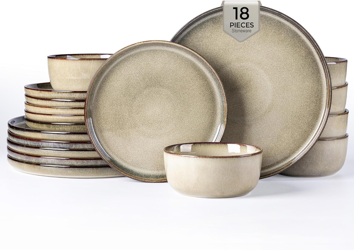 GBHOME Dinnerware Sets for 6, 18 Pieces Stoneware Plates and Bowls Sets, Scratch Resistant Dishes, Dishwasher & Microwave Safe, Reactive Glaze