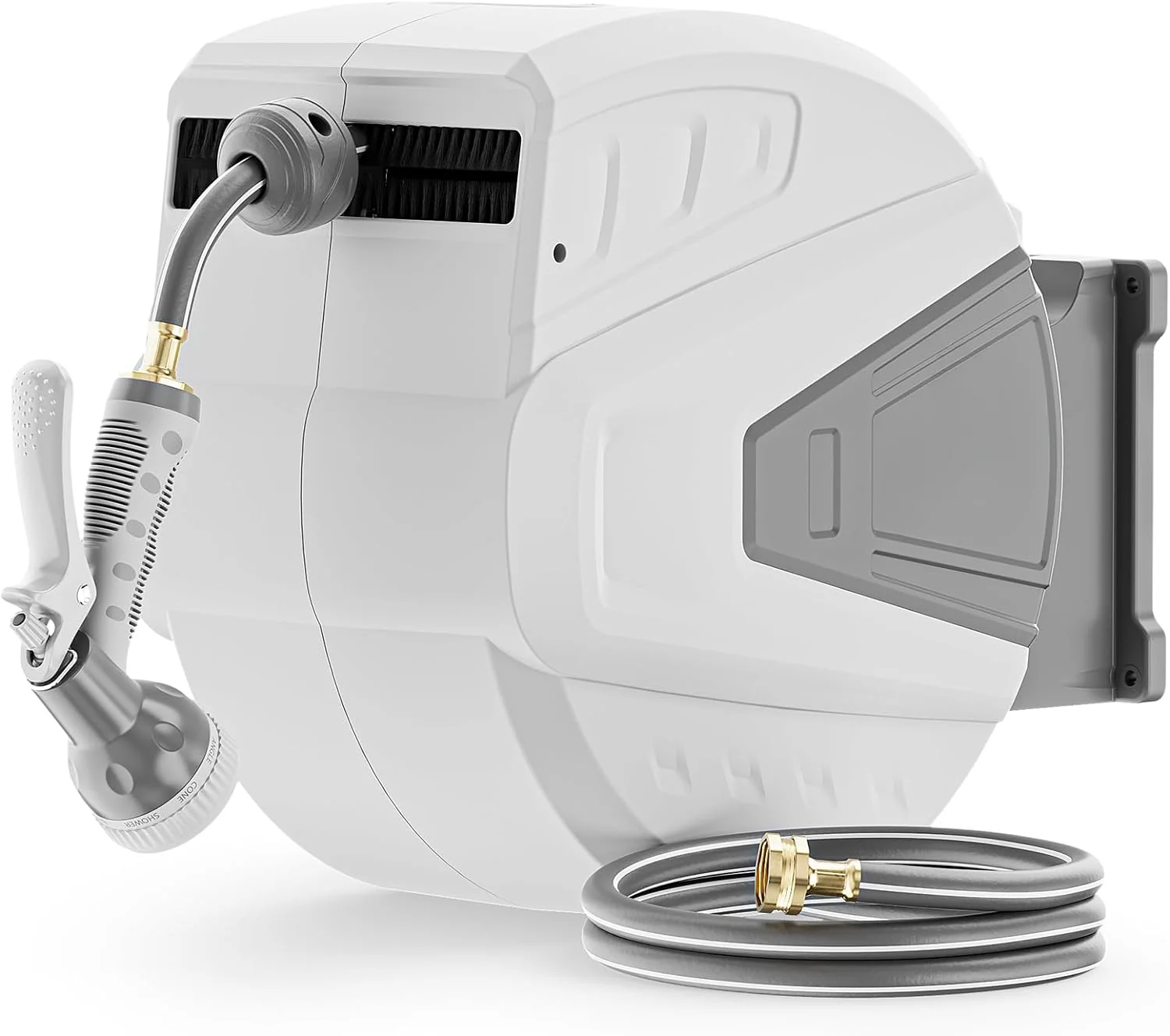 Retractable Garden Hose Reel,1/2 in x 100 ft Wall Mounted Hose Reel, with 9- Function Sprayer Nozzle, Any Length Lock/Slow Return System/Wall Mounted/180��Swivel Bracket (Grey)