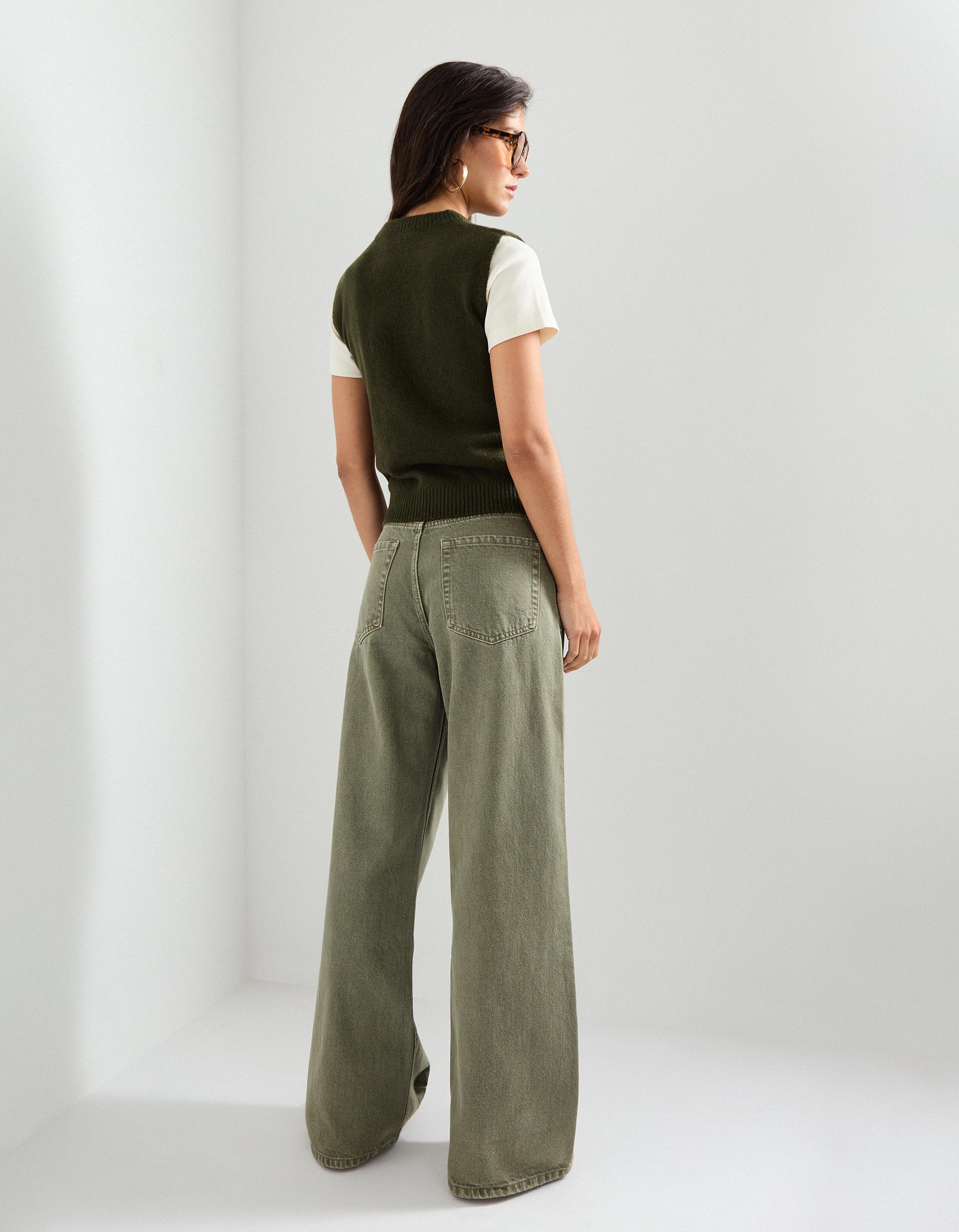 Calças de Ganga 'Wide Leg', Mulher, Verde Escuro