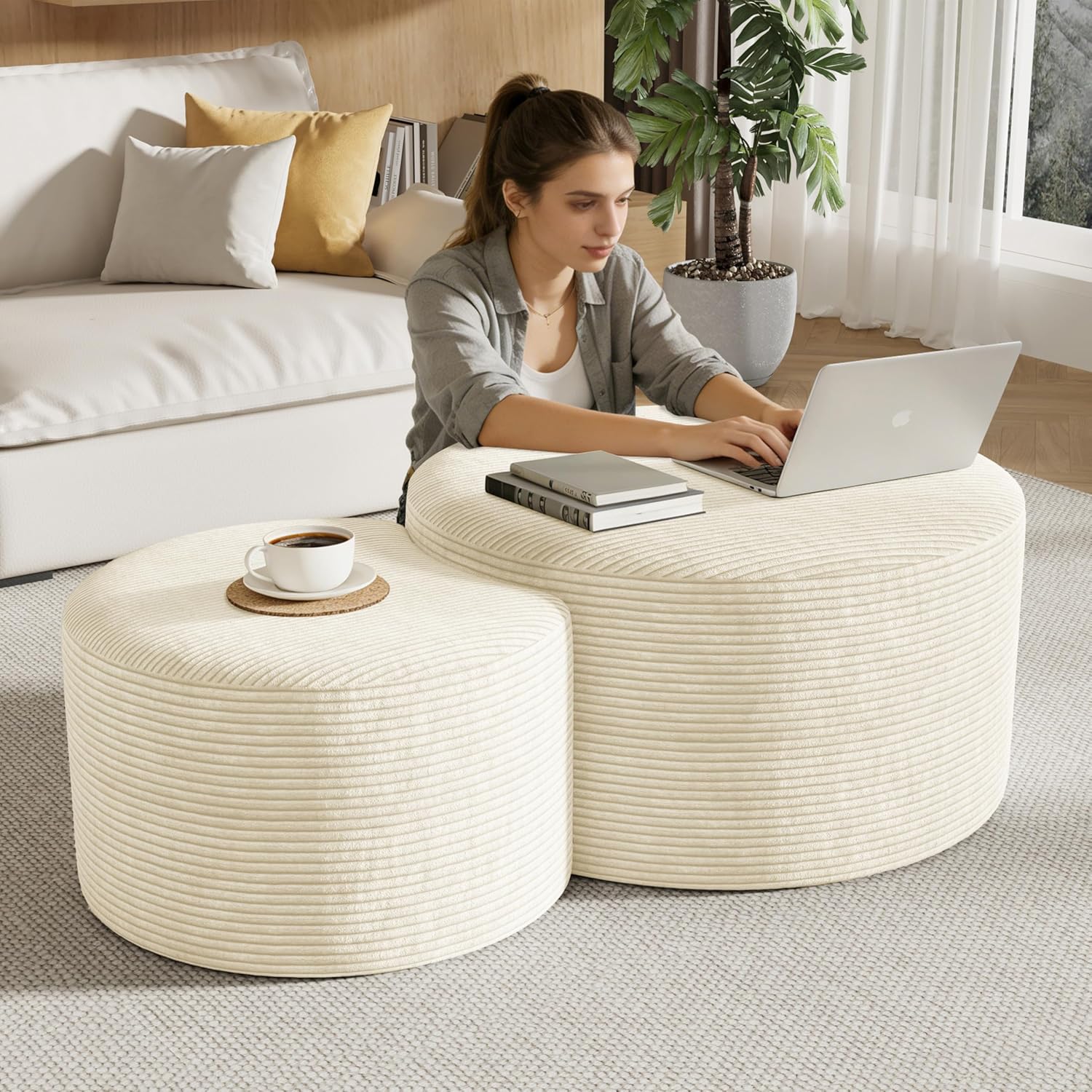 Round Nesting Coffee Table Set of 2,Upholstered Foam Ottoman Footrest Side Table Set,Modern Flannel Circle Coffee Table No Assembly for Living Room Entryway Bedroom,Beige