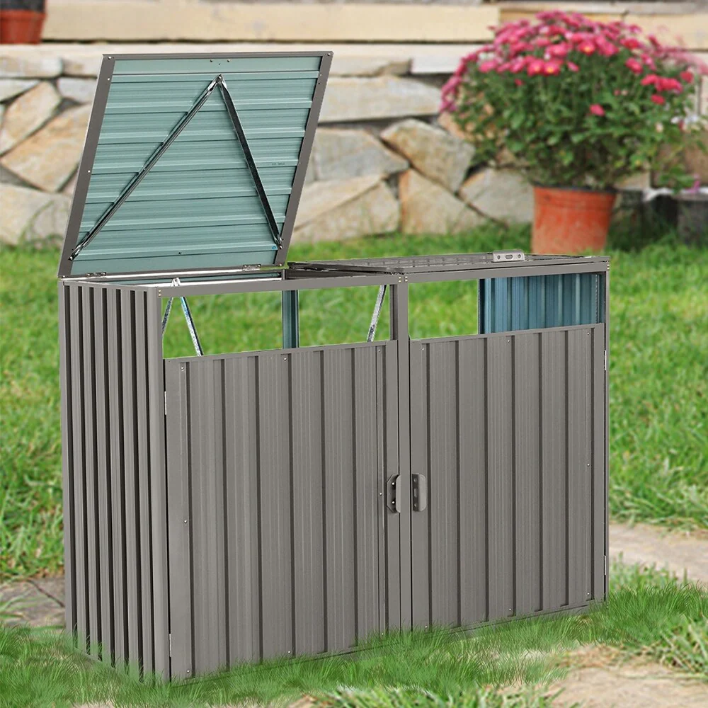 Outdoor Trash Can Storage, Storage Shed for 2 Trash cans and Tools - 62.99W