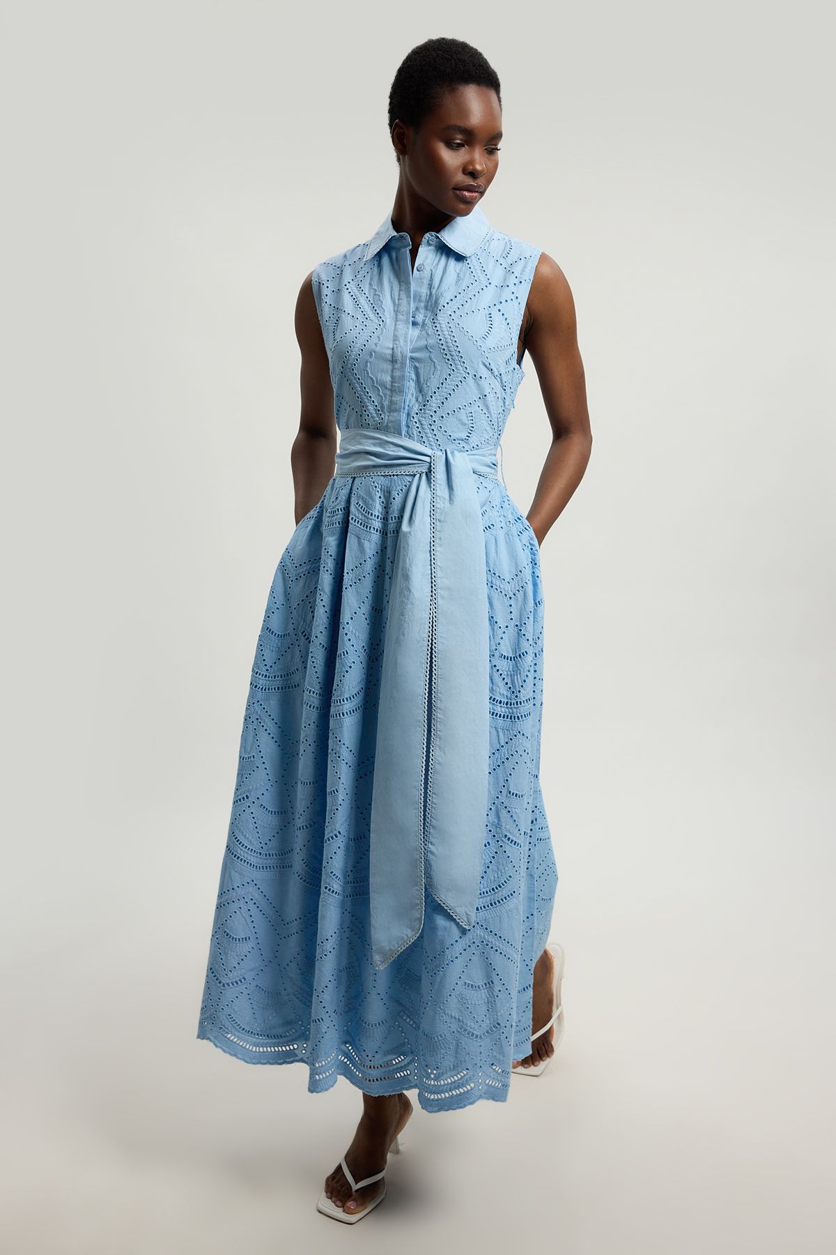 KarenMillen Cotton Broderie Scalloped Hem Sleeveless Shirt Dress
